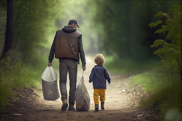 Un hombre y un niño caminan por un sendero con bolsas de basura.