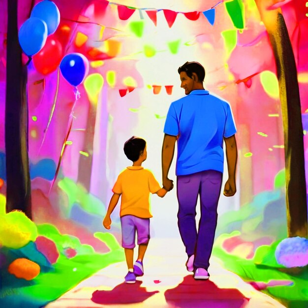 Foto un hombre y un niño caminando por una calle con globos en el fondo