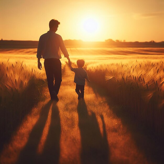 Un hombre y un niño caminando por un campo