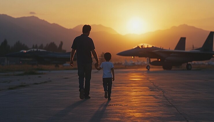 un hombre y un niño caminando hacia un jet al atardecer