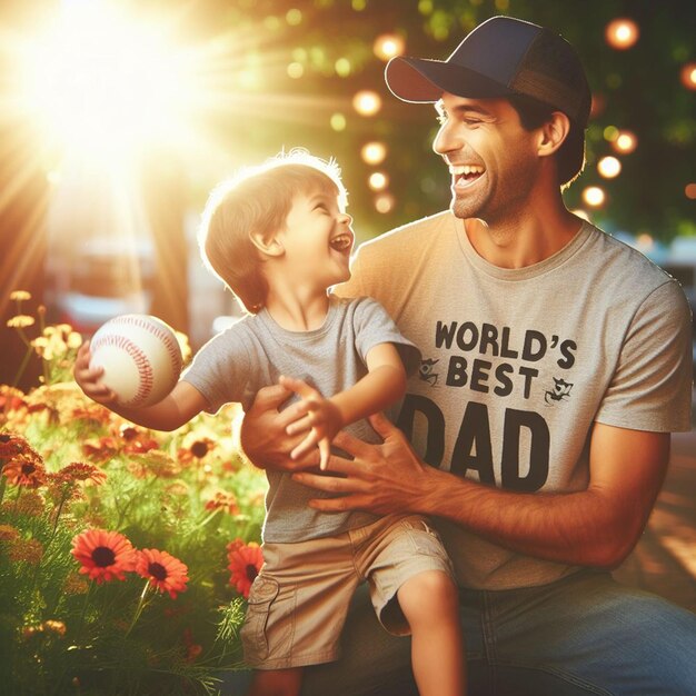 un hombre con un niño y una camisa que dice el mejor día del mundo