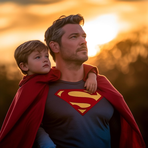 Foto un hombre y un niño con una camiseta de superman.