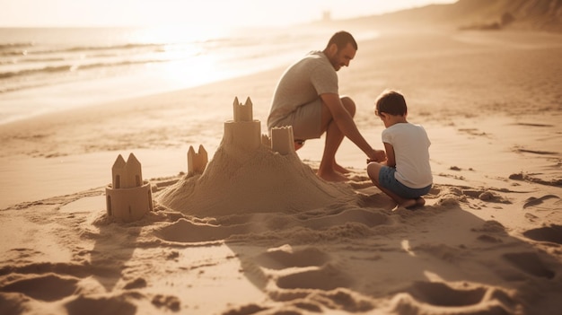 Un hombre y un niño construyendo un castillo de arena en la playa