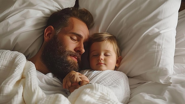 un hombre y un niño están acostados en una cama con una manta que dice padre