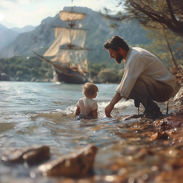 Foto un hombre y un niño están en el agua.