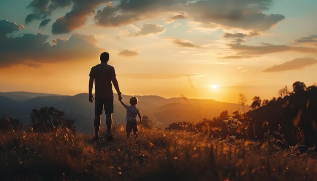 Un hombre y un niño están caminando juntos en un campo al atardecer