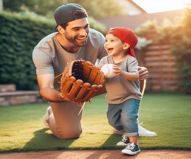 Foto un hombre y un niño están jugando al béisbol y sonriendo