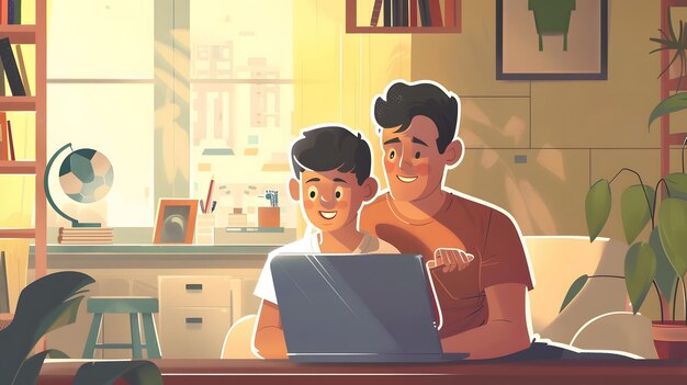 un hombre y un niño están mirando una computadora portátil