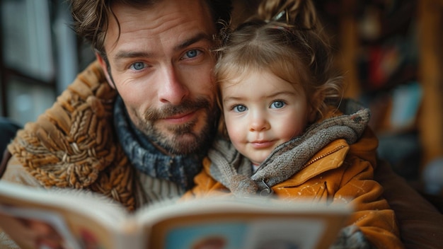 un hombre y un niño están mirando un libro