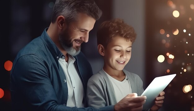 Foto un hombre y un niño están mirando una tableta juntos