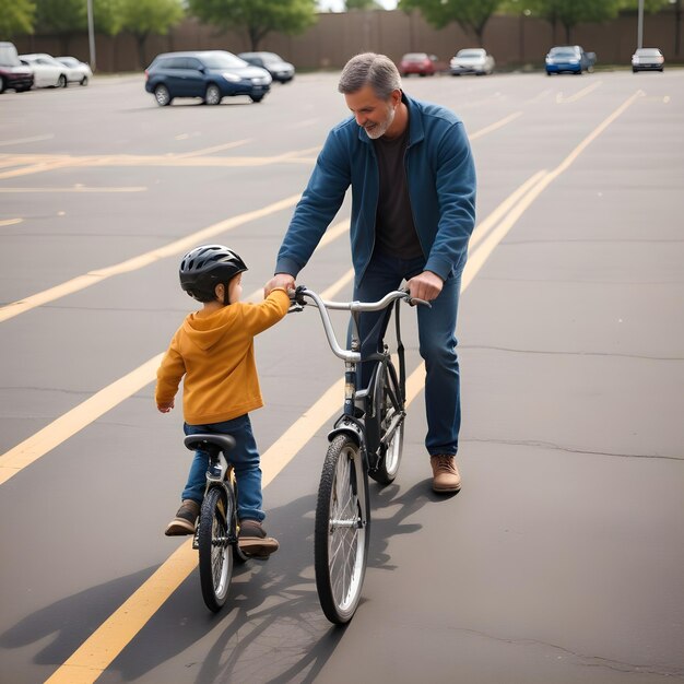 Foto un hombre y un niño están montando sus bicicletas en un estacionamiento