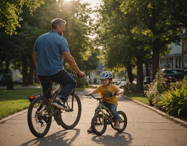 un hombre y un niño están montando sus bicicletas y el hombre está usando un casco