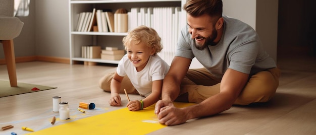 un hombre y un niño están pintando en el suelo