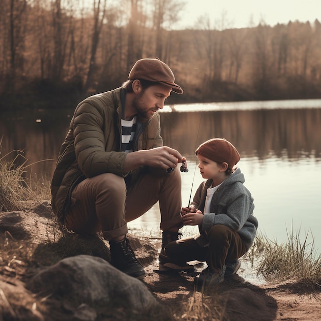 Un hombre y un niño están sentados junto a un lago y uno lleva un sombrero.