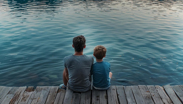 Un hombre y un niño están sentados en un muelle junto a un cuerpo de agua