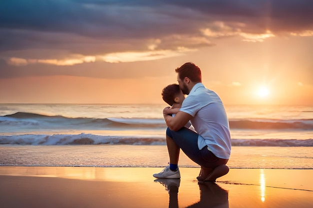 Un hombre y un niño están sentados en la playa mirando la puesta de sol.