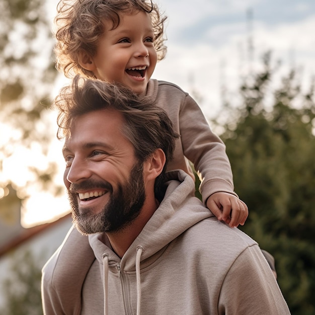 Un hombre y un niño están sentados sobre los hombros de un hombre.