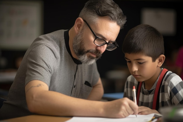 Un hombre y un niño están trabajando juntos en un periódico.