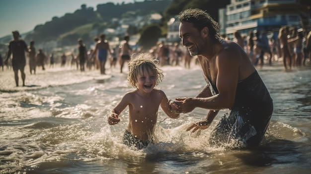 Un hombre y un niño juegan en el agua de la playa.