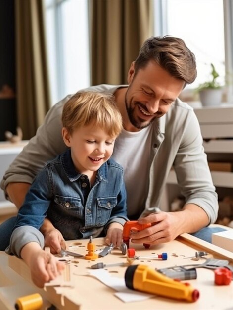 un hombre y un niño juegan con juguetes de construcción