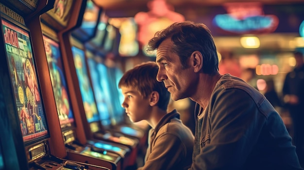 Un hombre y un niño juegan a las máquinas tragamonedas en un casino.