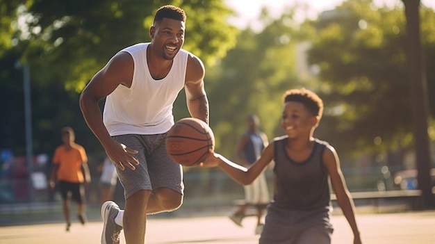 un hombre y un niño jugando al baloncesto con un niño sosteniendo un baloncesto