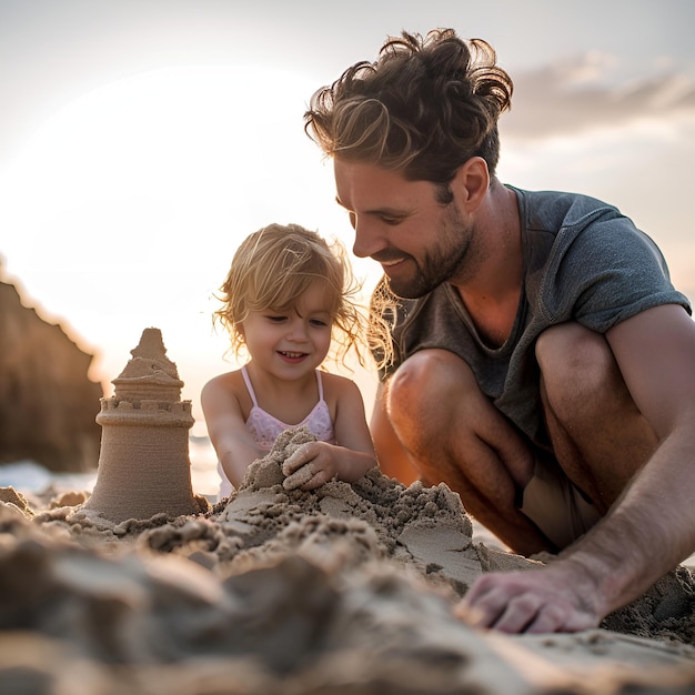 un hombre y un niño jugando en la arena con un castillo de arena