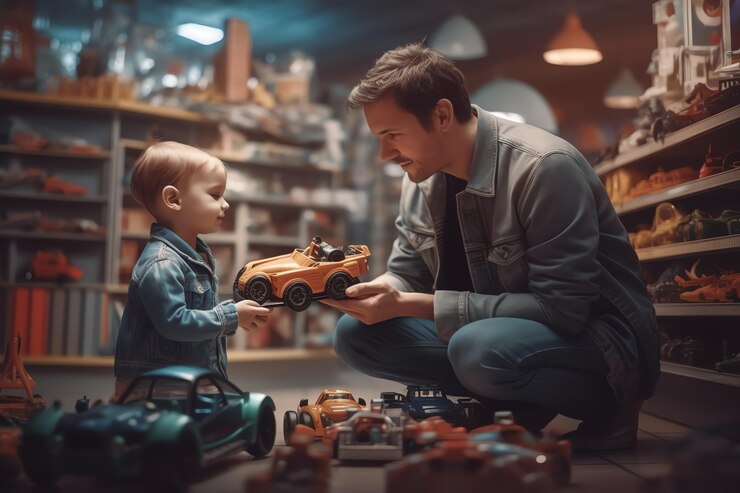 Un hombre y un niño jugando con carros de juguete.