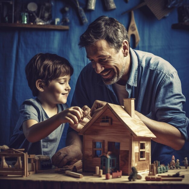 un hombre y un niño jugando con una casa de juguete