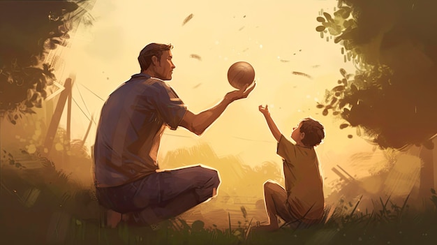 Un hombre y un niño jugando con una pelota.