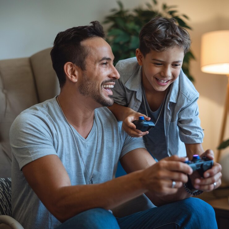 un hombre y un niño jugando un videojuego con un control remoto