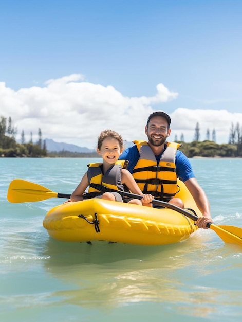 un hombre y un niño en un kayak amarillo