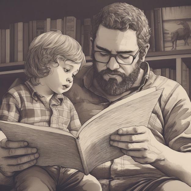 Un hombre y un niño leen un libro juntos.