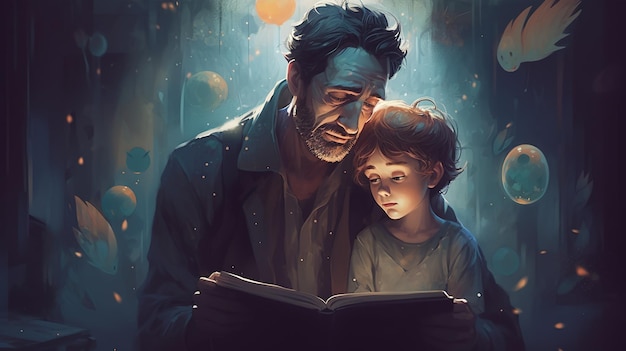 Un hombre y un niño leen un libro.