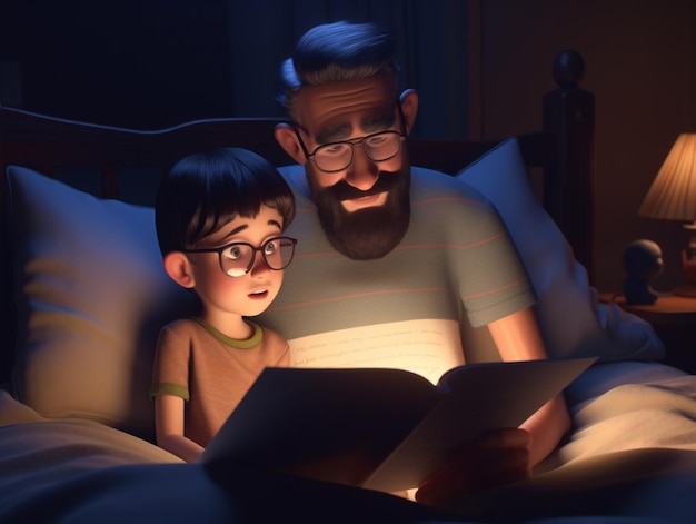 Un hombre y un niño leyendo un libro en la cama.