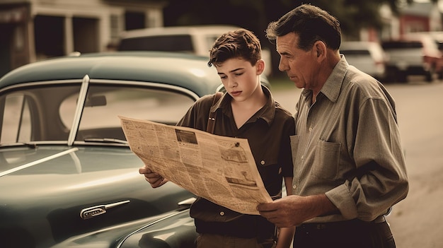 Un hombre y un niño leyendo un periódico frente a un auto antiguo.