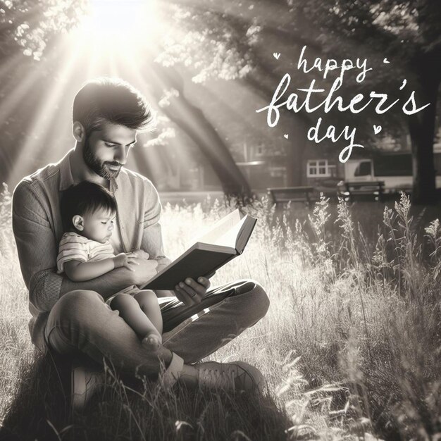 Foto un hombre con un niño y un libro que dice feliz día del padre