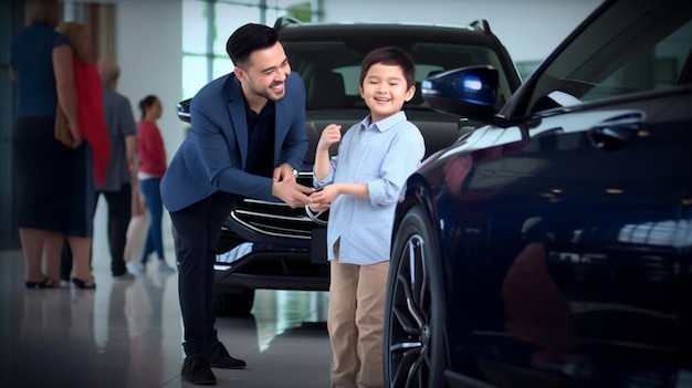 Un hombre y un niño miran un auto en una sala de exposición.