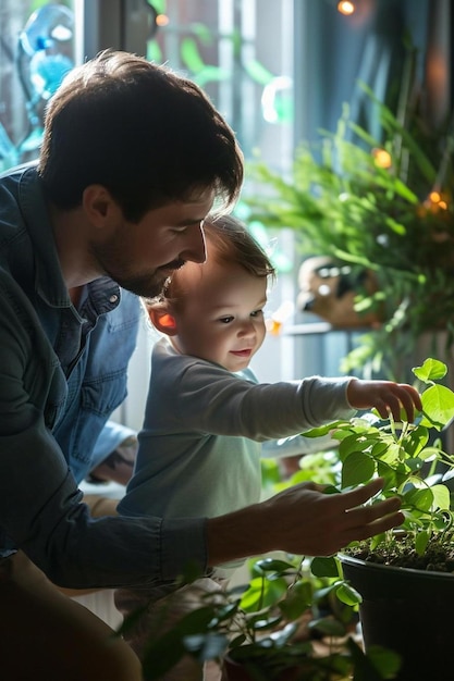 Foto un hombre y un niño miran una planta