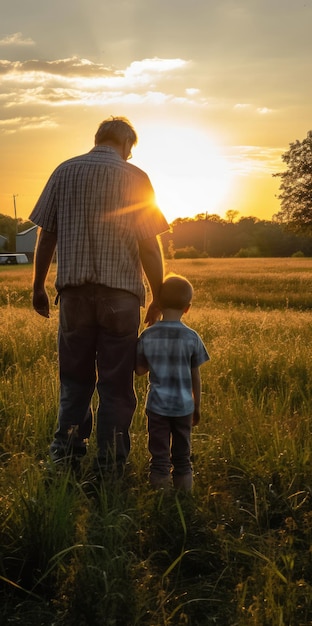 Un hombre y un niño miran la puesta de sol.