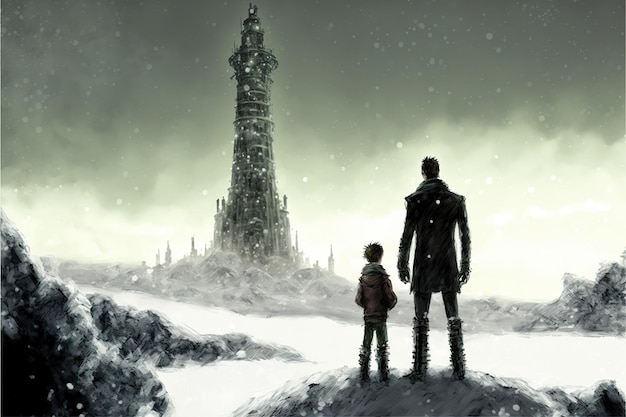 Un hombre y un niño miran las ruinas.