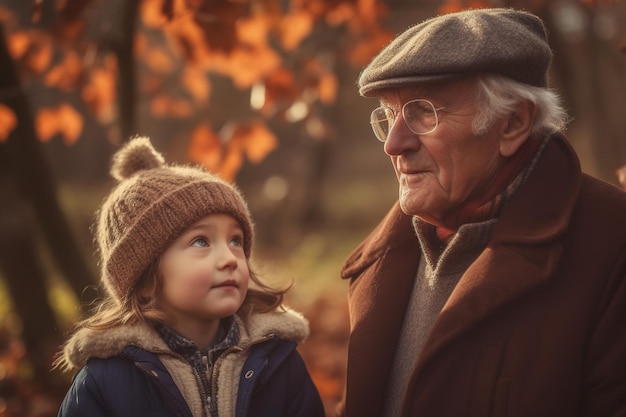 Un hombre y un niño mirando los árboles en otoño.