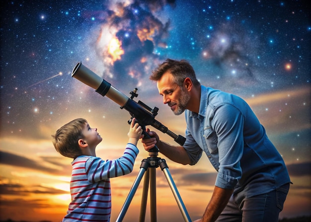 un hombre y un niño mirando un telescopio con las estrellas detrás de ellos