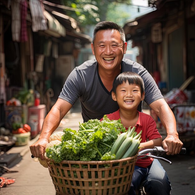 Foto un hombre y un niño montando una bicicleta con una canasta de verduras