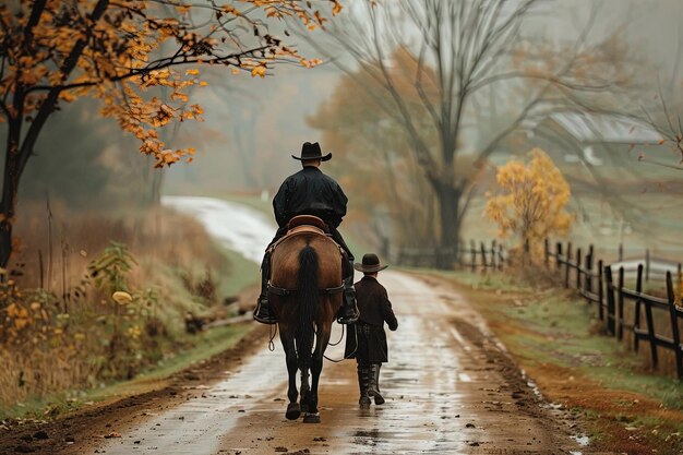 Un hombre y un niño montando a caballo por un camino de tierra