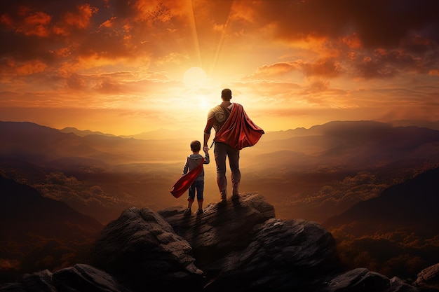 Un hombre y un niño parados en la cima de una montaña.