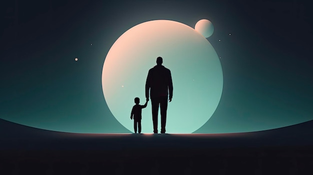 Un hombre y un niño se paran frente a un planeta con la luna al fondo.