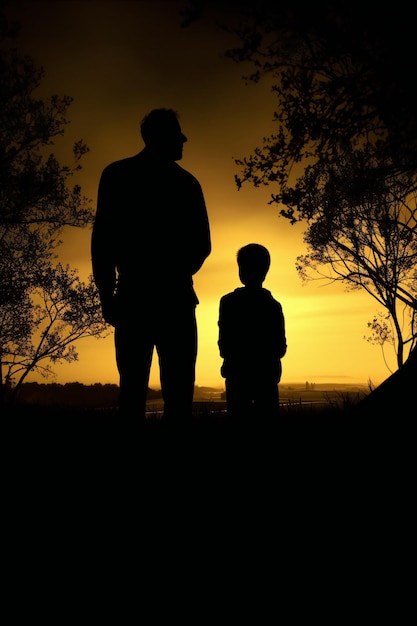 Un hombre y un niño se paran frente a una puesta de sol.