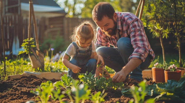 Hombre y niño plantando un árbol joven en un jardín del patio trasero Día del Padre