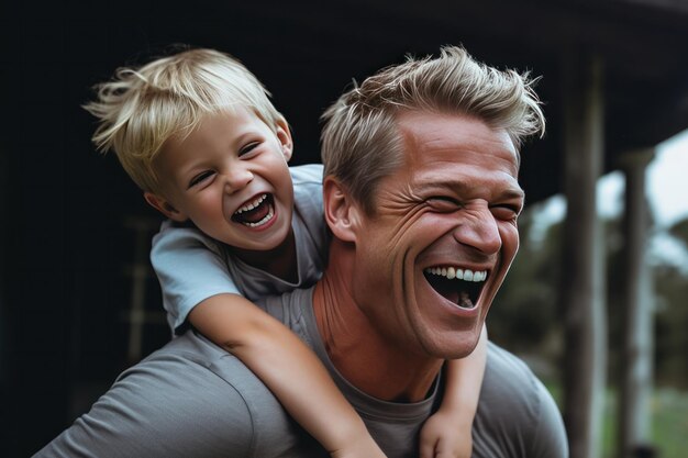 Un hombre y un niño riendo y riendo con una casa al fondo.